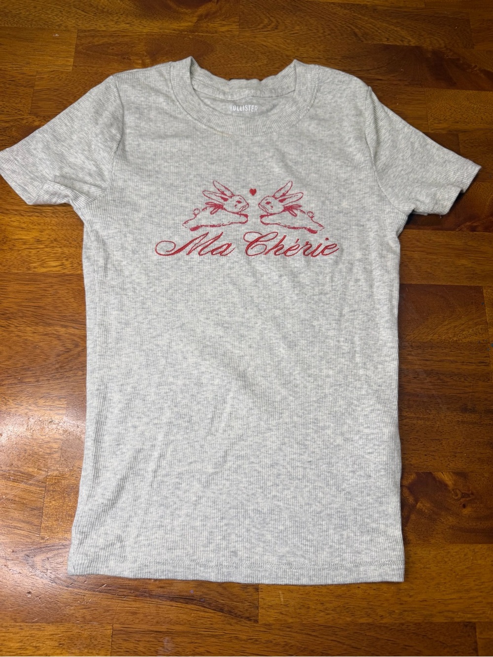 Hollister Light Gray Tee with Red 'Ma Chérie' Bunny Graphic